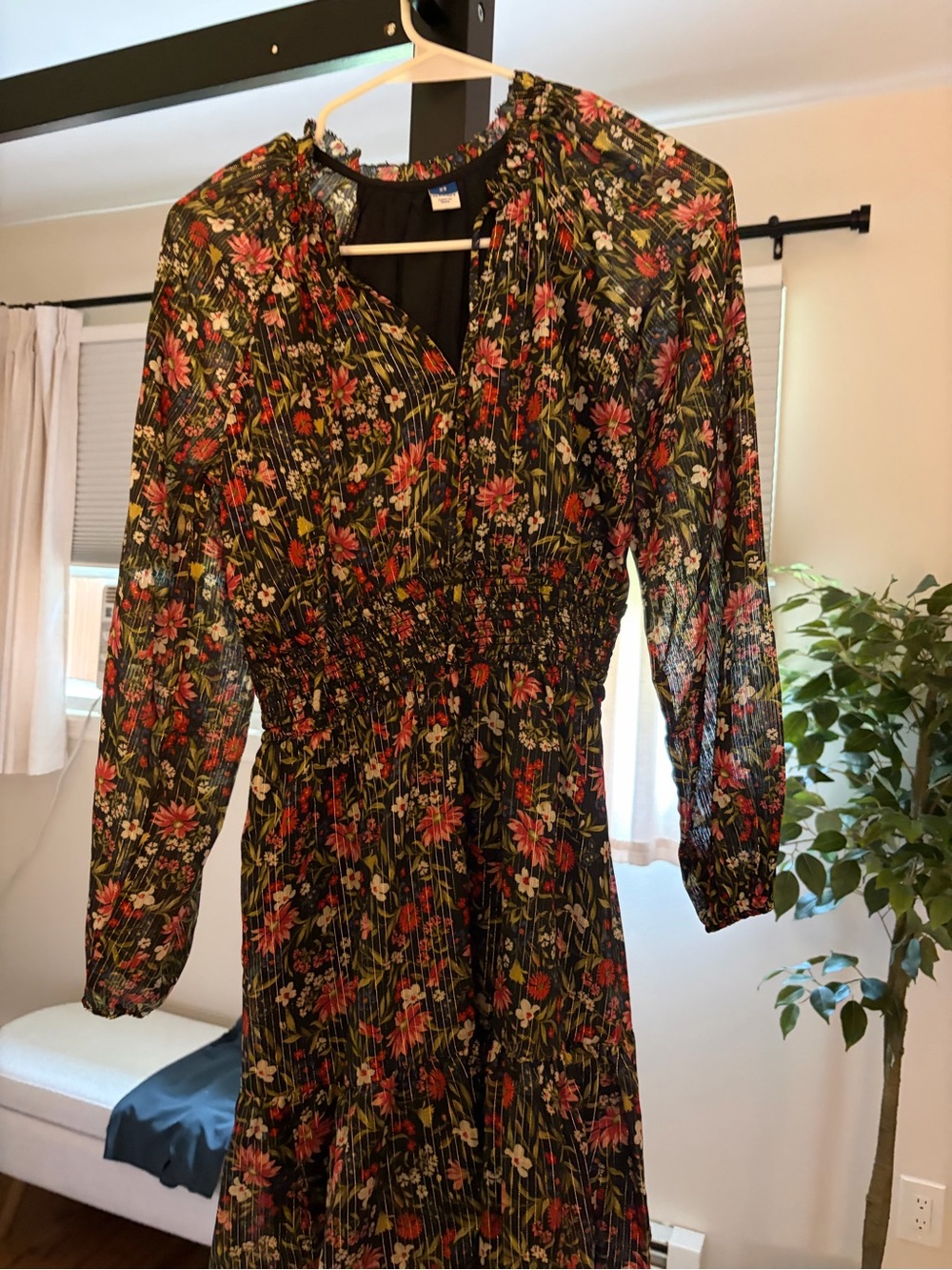 Old Navy Black Floral Smocked-Waist Long-Sleeve Midi Dress